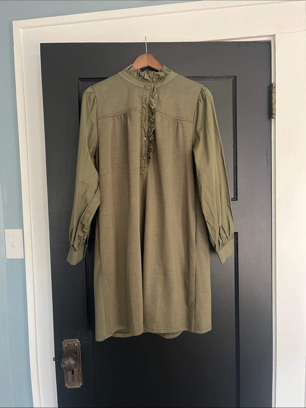 JODIFL Olive Green Ruffle-Neck Long Sleeve Dress